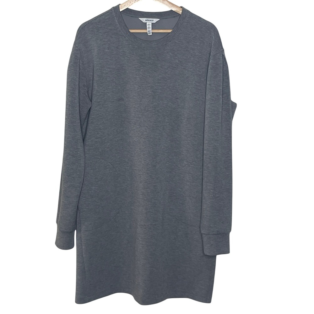 Spanx AirEssentials Long Sleeve Dress Women Medium Heather Grey Crew Neck Pocket